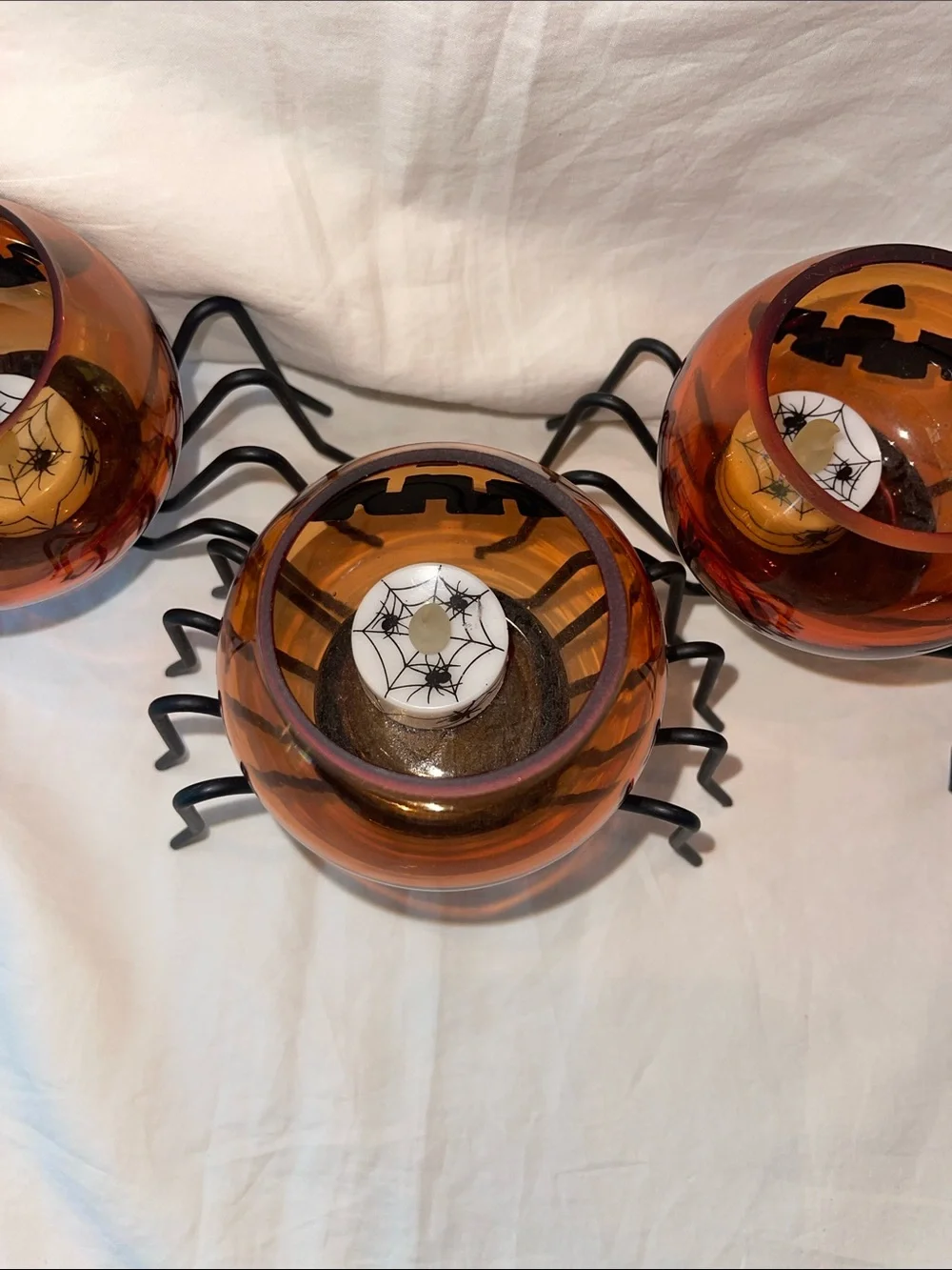 Set of 3 Glass Pumpkin Spider tea light holders